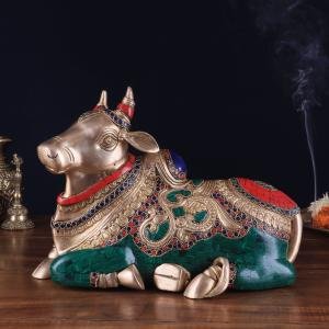 Brass Sitting Nandi Statue | 10" x 13.5" x 7.5" | 10 kg | Right Leg Raised | Stone Inlay Work | Sacred Temple Bull Art | Jaipurio